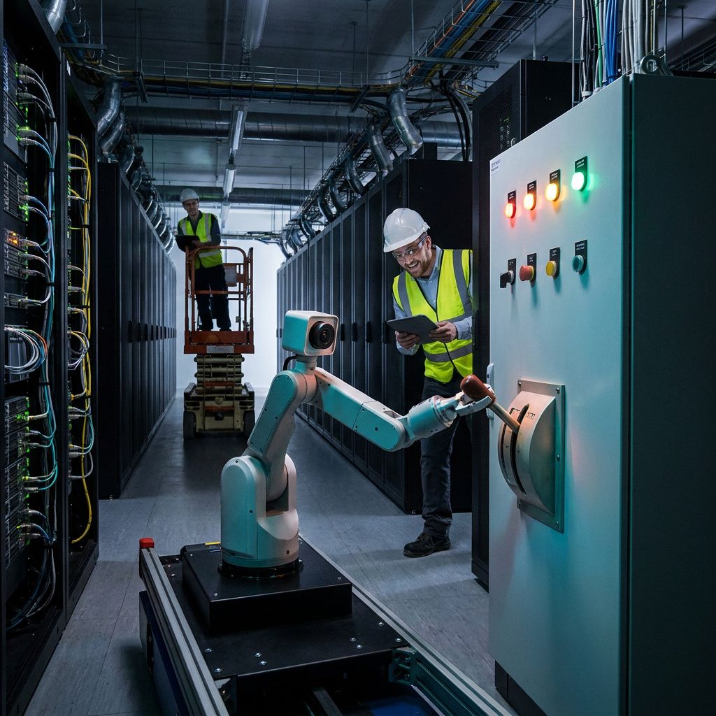 Et operations-stadie: to teknikere (ansigt ude af frame) ved en testrig på et lille kontor—den ene ruller en rød-strippe markør ind i en kasse mærket 'canary' (ingen tekst), den anden tjekker en analog måler. Cyan/grøn accentlys, purpurskyggelægning.