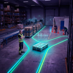 En nordisk operations‑scene: en driftleder ser på en ny cyan/grøn gulvsti i en produktionskorridor, en pallet venter, teknikere justerer en fysisk afleder; dyb lilla/indigo belysning med cyan signalaccents og et diskret data‑pulse overlay.