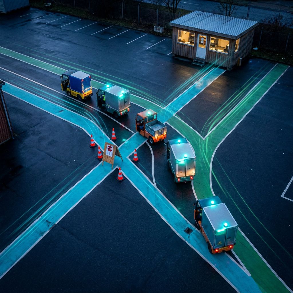 Et luftfoto, skråt ned, af et lille dansk distributionsområde hvor cyan/grøn malede baner på asfalten leder små køretøjer gennem forskellige porte — et visuelt kort over routingregler.