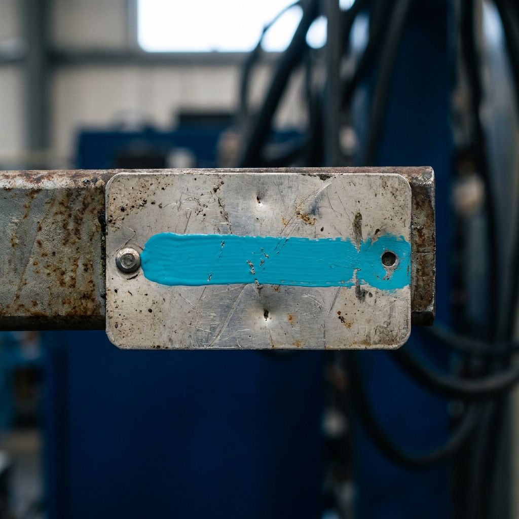 Close macro of a scuffed metal tag on a junction bracket with a cyan painted stripe indicating a recent routing change, shallow depth of field.