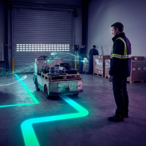 Nordisk operationsscenarie: en mellemstor virksomhedsleders bekymrede blik over en lille elektrisk vogn parkeret i en cyan/grøn markeret rute, kø og ansatte i baggrunden; mørk indigo stemning med cyan/green signalaccents og subtile datapulsoverlay.