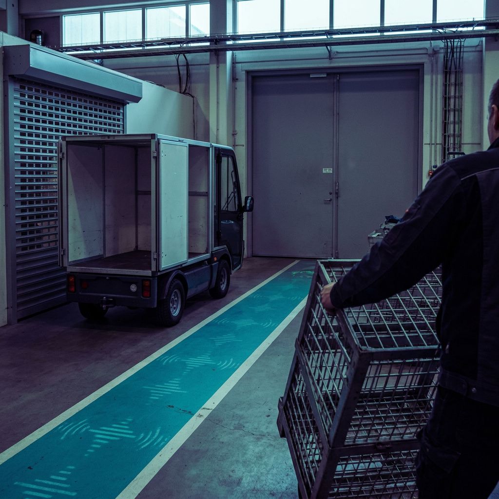 En lille elektrisk varevogn standsede i en markeret cyan/grøn ladezone mens en tekniker (ansigt ude af frame) kigger på køen af ordrer i baggrunden; naturligt nordisk lys, tight crop.