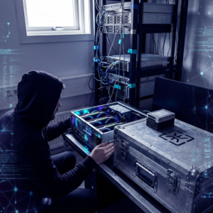 Driftstekniker i et mindre testmiljø ser på log og cyan‑markerede gulvbaner, indigo skygger og subtile data‑pulser antyder hurtigere modeldekodning og operationsbeslutning.