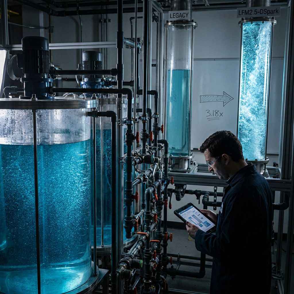 Makrofoto af et solidt SSD‑hus med BF16‑stykket vægte: rug metalkant, cyan mærkat uden tekst og spor af termisk pasta; viser den ekstra hukommelse der kræves for DSpark‑draftere.