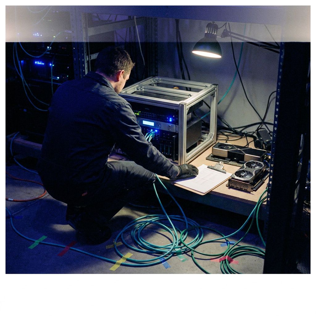 Et lille testrig‑øjeblik: en tekniker (ansigt ude af frame) holder et testrapportark mens en kompakt GPU‑enhed står åben på en bænk; cyan tape markerer kablernes routing, indigo baggrund.