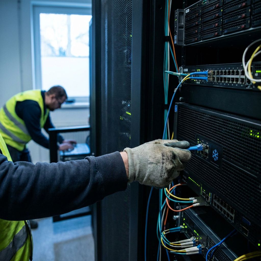 Makrofoto af en slidt metalklips med en frisk cyan streg over en ridse, oliepletter og to små farvede tråde.