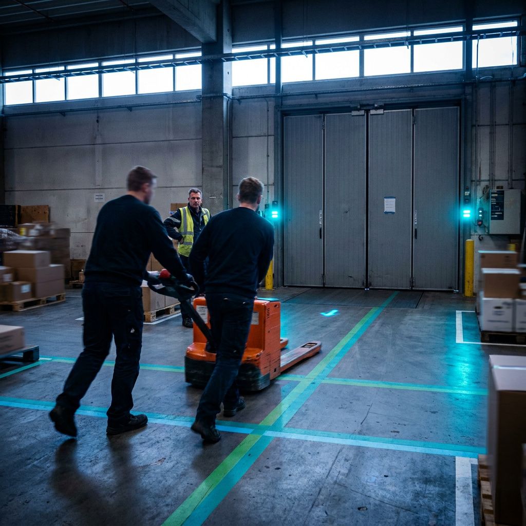 Operationsgulv i lille dansk virksomhed: to tekniker‑silhuetter omdirigerer en elektrisk vogn langs cyan/grøn markeringer, hurtig bevægelse, indigo lys.