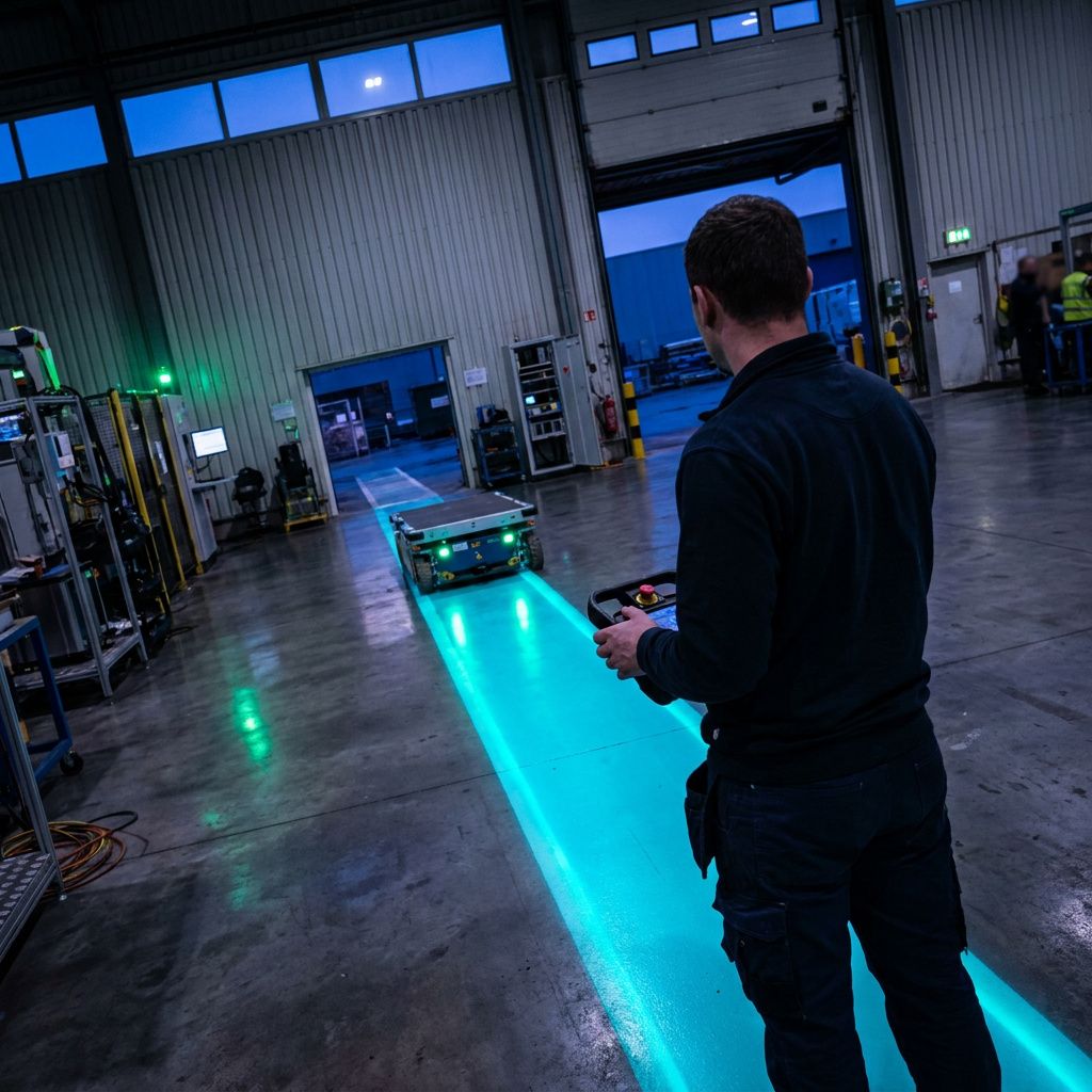 Et operationsgulv hvor en tekniker omdirigerer en lille elektrisk vogn langs en friskmalet cyan bane, symboliserer ændret arbejdsflow ved data‑onboarding.
