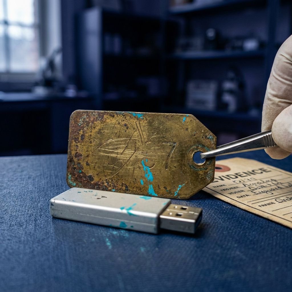 Makrofoto af en metalskive og markeringer i cyan/green, slidspor og små oliepletter, som et håndgribeligt argument for versioneret artefakt og sporbarhed.