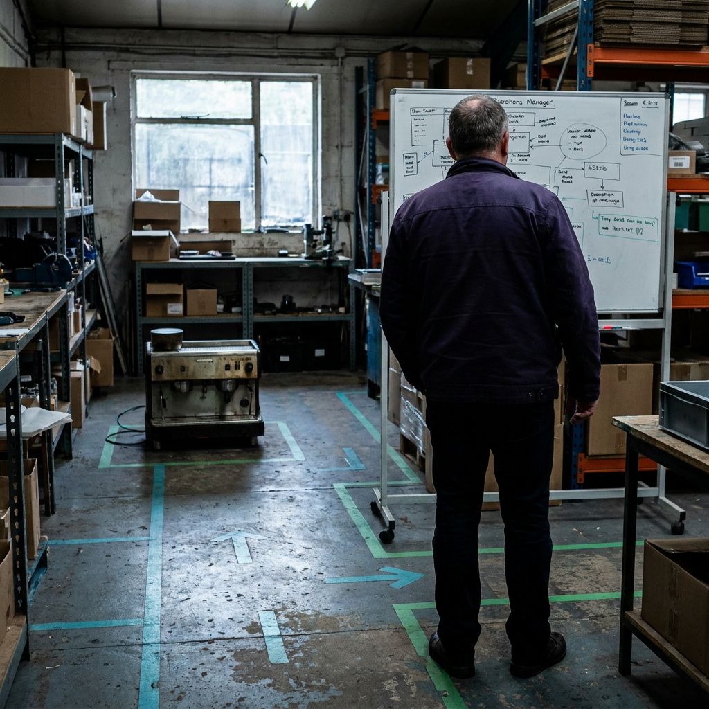 En operationsleder set bagfra ved en fabriksgange med cyan/green markeringer på gulvet; fokus på tekstur og stemning.