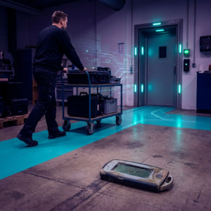 Teknikhjørne i en dansk virksomhed: en slidt hardware‑token på en cyanmalet gulvbane foran en låst port, indigo/cyan belysning, beslutningsstemning.