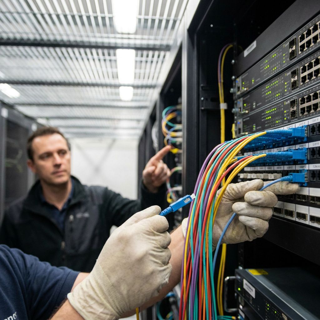 Et operationshjørne i en teknisk afdeling: en driftleder omdirigerer en kasse på en lille elektrisk vogn langs cyanmalede gulvbaner mod et lukket rum.