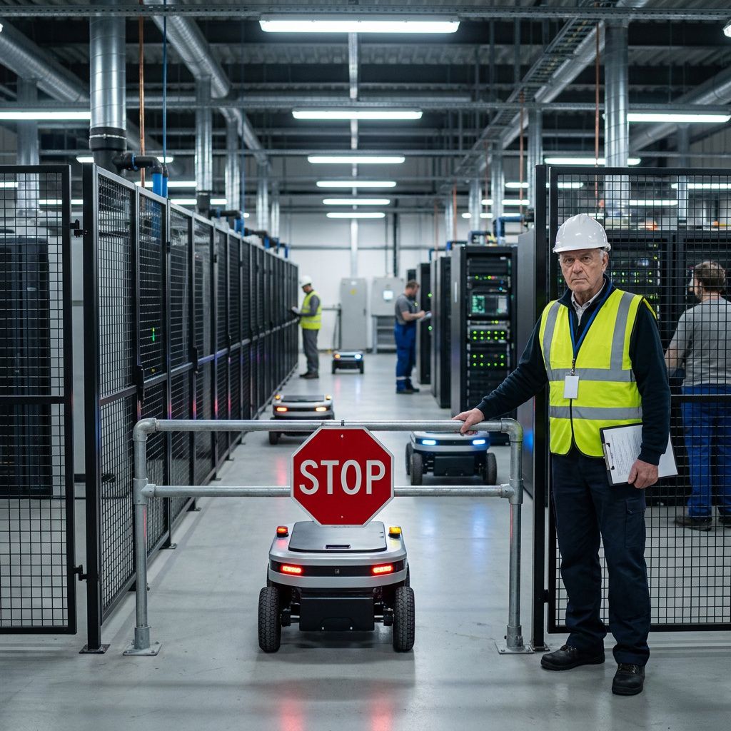 Et operationshjørne i en teknisk afdeling: en driftleder omdirigerer en kasse på en lille elektrisk vogn langs cyanmalede gulvbaner mod et lukket rum.