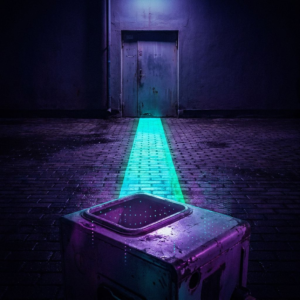 En teknisk leder i en dansk virksomheds operationsøjeblik, cyan/grøn lysstribe fører blikket mod en serviceindgang; indigo skygger, subtil data‑pulse overlay, reportage‑kamera