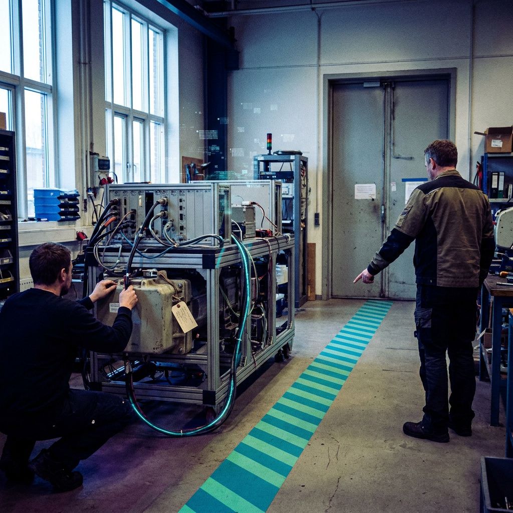 En supportmedarbejder uden ansigt i billede, set i skulderhøjde, instruerer en lokal tekniker ved en lille testrig; cyan gulvmarkering viser en omdirigeret arbejdsgang