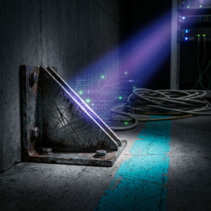 Operationschef i en smal teknikgang med indigo skygger og cyan signalstriber; en subtil datapuls overlay forbinder kabler mod baggrundens tekniker — et pressfoto der fanger beslutningspresset ved at rulle en frontier‑scanner ud.