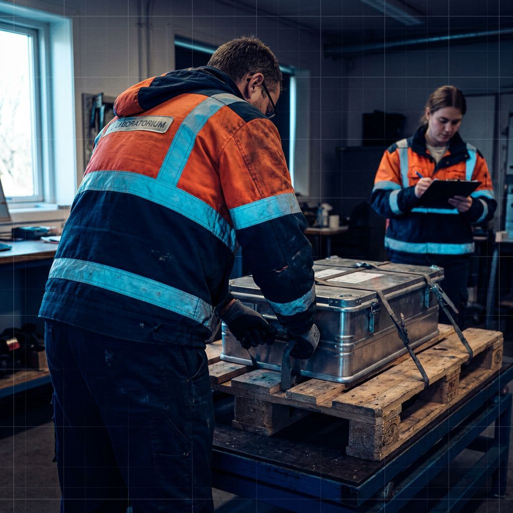 En tekniker set bagfra ved en lille testbænk i et forskningslaboratorium, arbejder med en fysisk testbox; ansigt ude af frame, fokus på hænder og testboksens slørrede indikatorer