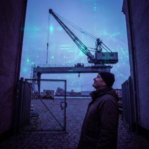 Nordisk driftsleder ved afspærret kontrolpost i skumring med dybe indigo og cyan accenter — en visuel kommentar til manglende containment-planer og beredskabsansvar.