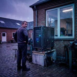 En lille virksomheds ejer står i et teknikrum ved en enkelt workstation; dybe purpur- og indigoskygger, cyan/grønne signal-aksenter på maskinen, beslutningsstemt scene.