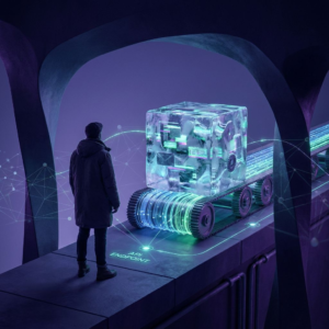 Driftsleder udenfor et lille ecommerce‑lager ser bekymret på en pause i leveringsflowet; dyb lilla/indigo aftenstemning med cyan‑grønne signalaccents, diskret datapuls‑overlay.