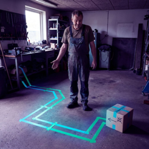 Redaktionelt pressefoto: en dansk teknisk leder foran et visuelt flowkort i en mørk hal, dyb lilla/indigo tone med cyan/grønne pulser langs ruter, symboliserer beslutningen mellem PoC og drift uden læsbar tekst.