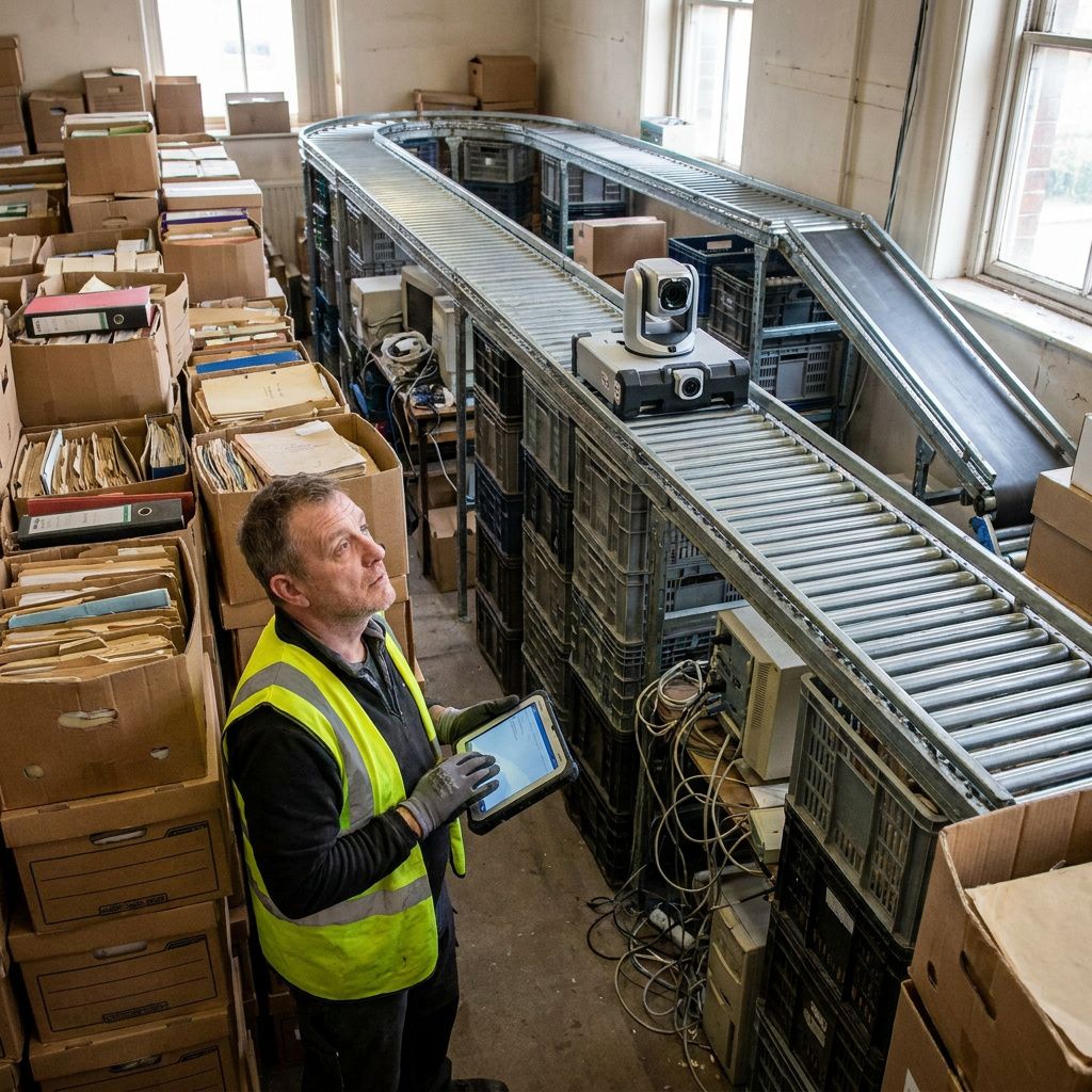Et test-setup i et lille laboratorium: en tekniker (ansigt ude af frame) peger på en fysisk prøveopstilling hvor udskårne papirer og en printet tabelvise ligger ved siden af måleudstyr; naturligt lys, reportagestil.