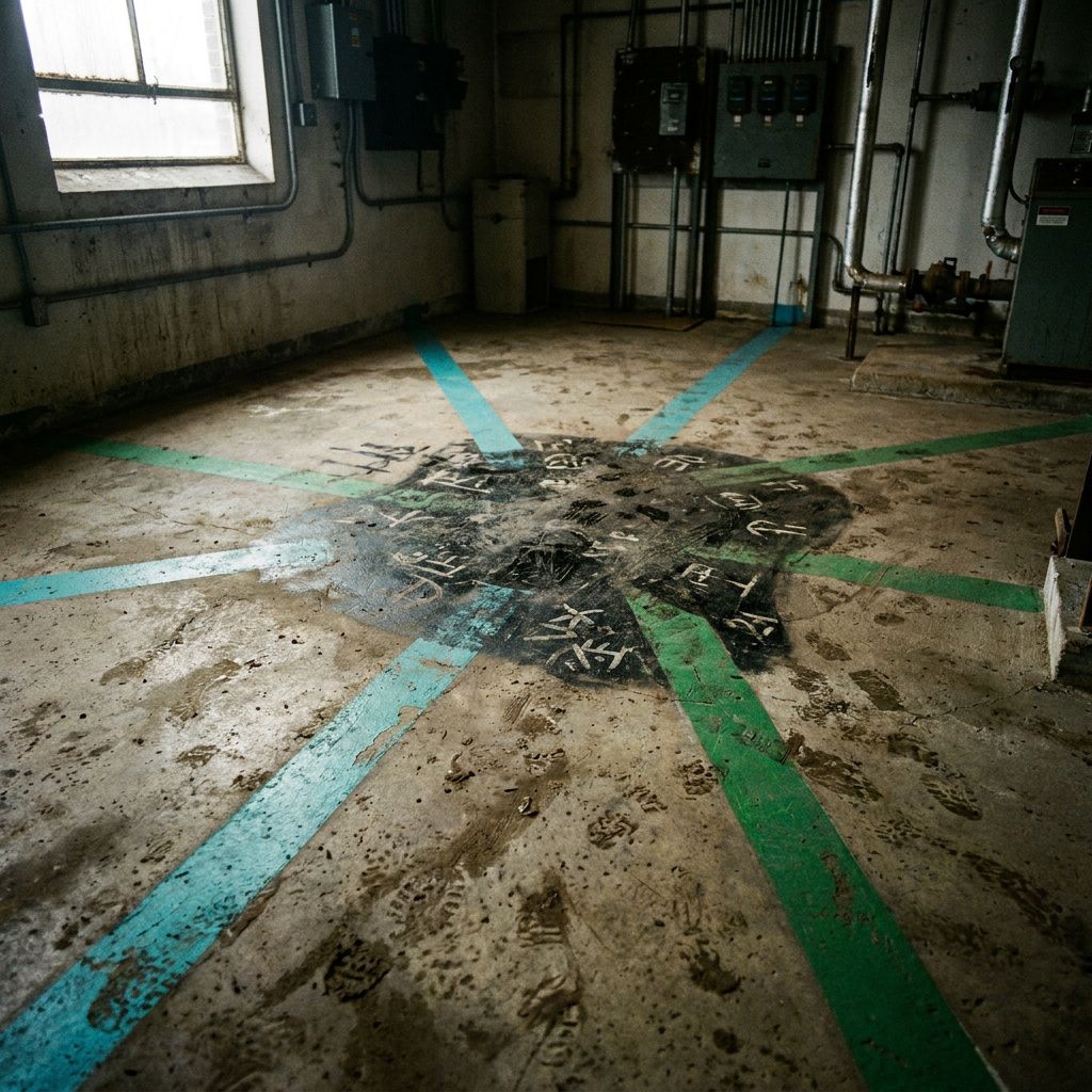 Et fotografisk kort malet på et råt betongulv med markerede ruter i cyan og grøn, to zoner (PoC/Production) adskilt af en skygge — makrofølelse med menneskelig skala til stede i kanten.