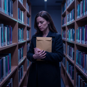 En dansk redaktør står i et lavt oplyst bogreolsgang i et bibliotek, holder en forsejlet kuvert tæt ind til brystet; dybe lilla og indigo skygger, cyan‑grønne lysaccents pulserer svagt over hylderne — et øjeblik af beslutning mellem innovation og juridisk risiko.