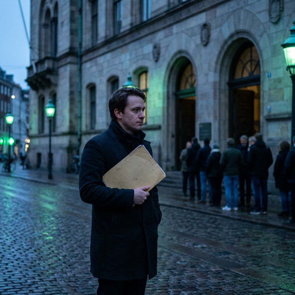En advokat står uden for et kommunalt hus med en neutral mappe, hvis kant er markeret af et svagt cyanstik; bagved går en kø af mennesker langs en brostensbelægning — en praktisk beslutningssituation, ingen læsbar tekst.
