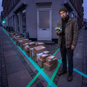 En driftsleder i en dansk småvirksomhed står i et dunkelt supportrum med cyan/grøn rute på gulvet, ubesvarede opkald i forgrunden og deep‑purple mood — et billede af demo‑løftet der bryder i drift.