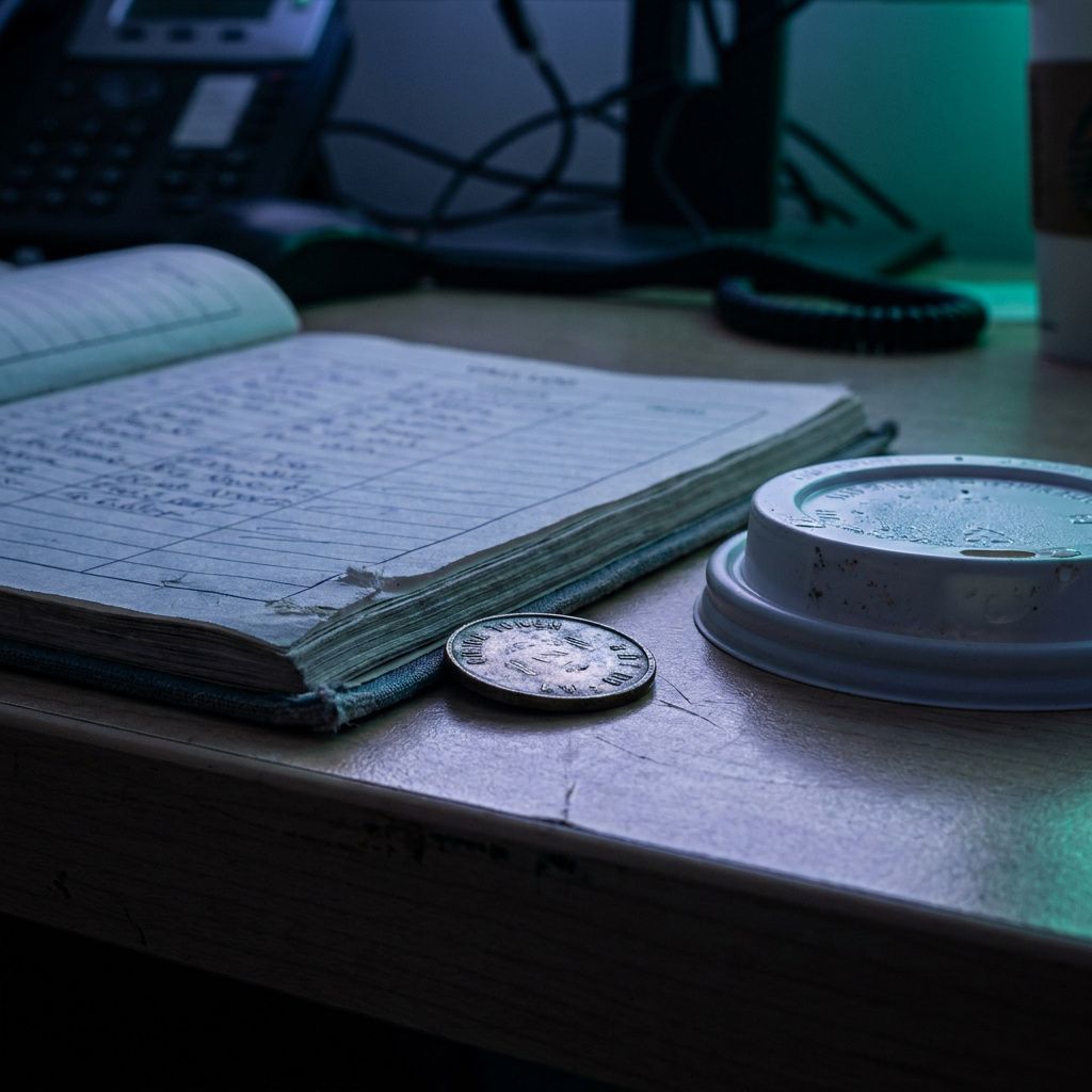 Tæt, dokumentarisk billede af en telefon med en slidt displaykant og et bagudvendt support‑notecard (uden tekst), spor af kaffeplet på bordet — et intimt tegn på nattevagter og et AI‑fix der brød i drift.