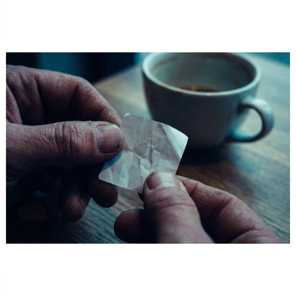 Nærbillede af en let slidt kønummerstiket (ingen læsbar tekst) ved siden af en kaffekop‑låg, cyan/grøn lysrefleks i baggrundens blur, tekstur i papiret tydelig.
