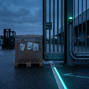 En palle med en kasse foran en halvt lukket lagerport med kæde, overlappende etiketter på kassen og farvede gulvbaner, mens en gaffeltruck venter i baggrunden.