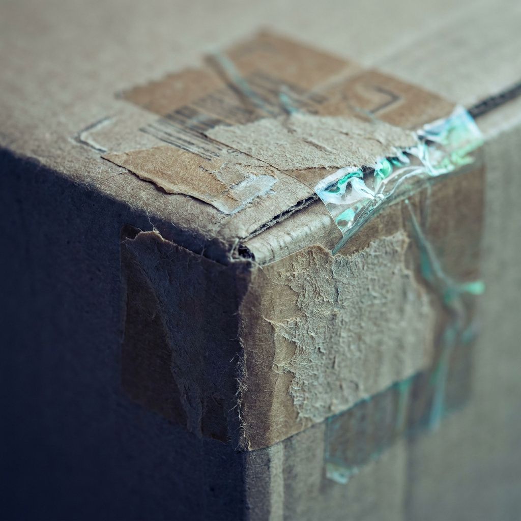 Tæt detalje af overlappende, delvist afrivne forsendelseslabels på en kasse med tape- og limrester.