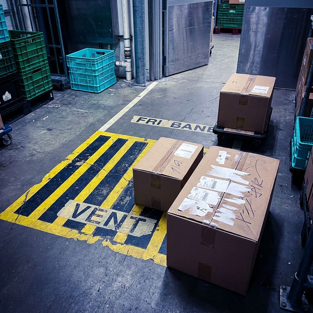 En lille distributionsgang med en vogn på den åbne rute og en kæde, der spærrer den anden; en kasse i forgrunden har en ny label oven på en gammel.
