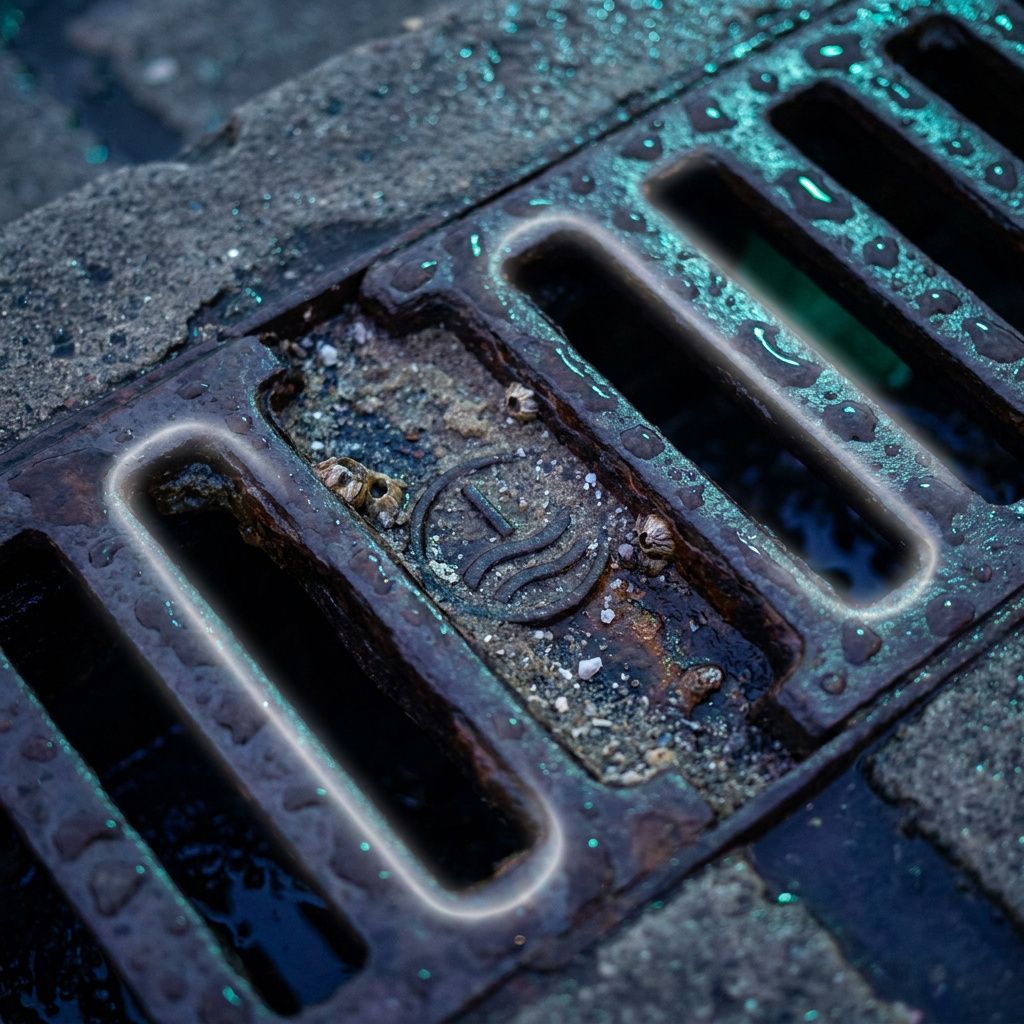 Nærbillede af en vejrist med sand og et diskret højvandsmærke, regnvåd tekstur, cyan/green refleksioner, indigo toning.