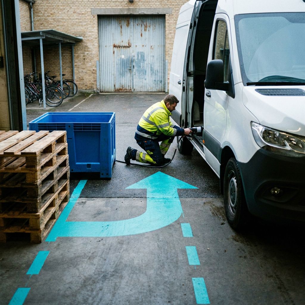 Et service-dock-øjeblik hvor en tekniker læsser varer i en varebil med en tydelig kørselsrute tape (cyan) på asfalten; symbol på ændret procesflow i en organisation.