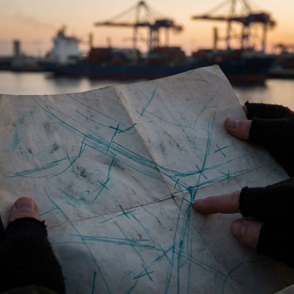 Et ældre bykort på en bænks kant hvor en ny, håndmalet cyan-trace viser en omdirigeret rute mellem distrikter; metafor for routing/graph-retrieval i en operationskontekst.