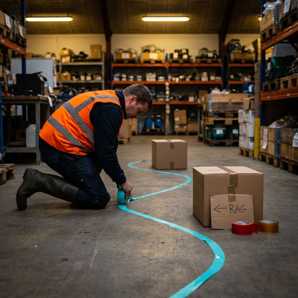 Tekniker i refleksvest markerer en ny rute med cyan tape i et lille lager; kameravinkel lav, fokus på fødder, kasser og gulvmærkning.