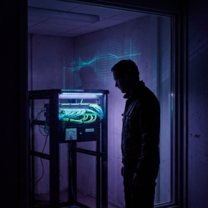 Operationsleder ser på en enkelt test‑rack bag glas i et blåt‑indigomørke rum med cyan/grønne signalaccents og subtil data‑pulse overlay, der indikerer et beslutningsøjeblik om at skifte til 4‑bit-gennembrud.