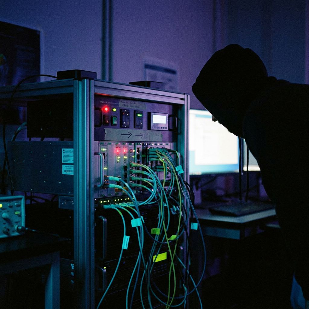 Lille test‑rig i et forskningslokale: en tekniker i baggrunden (silhuet) overvåger en række måleinstrumenter ved et rack, kabelmærker i cyan, indigo lys, føler af gennemløbstest i praksis.