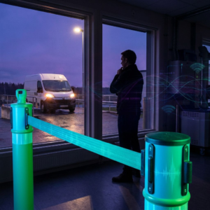 Nordisk operationsleder ved et afspærret sandbox-område, set i dyb lilla/blå belysning med cyan accenter; udendørs lastvogn holder i en cyan-malet kørebane — billedet symboliserer valget mellem at lade en agent handle eller holde den i karantæne.