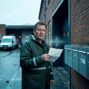 Dyster nordisk operationsscen: en leder holder en foldet faktura med cyan‑grøn pulsmønster i papiret, indigo skygger og signal‑accents — et billede af usynlig risiko og beslutningstryk i en dansk SMV.