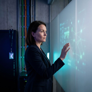 Dansk driftsleder på operationsgulv med projektion af et trace‑waterfall i dyb lilla/indigo belysning og cyan/grønne accenter, subtile data‑pulse overlays.