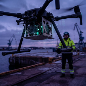 Nordisk drone i skumring over havnefront, underside med åben serviceposition og diskret cyan/grøn data‑pulsering langs kantkortet, dyb indigo stemning.