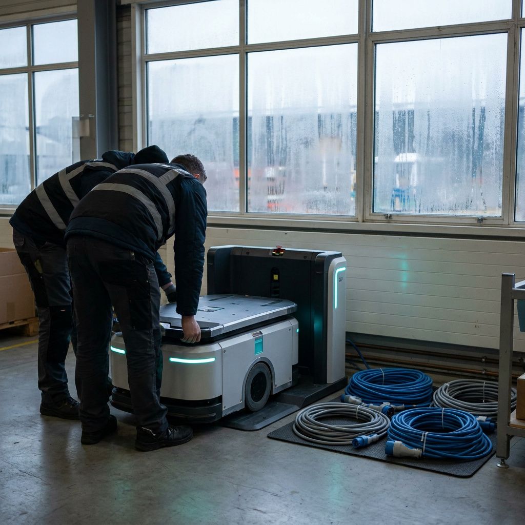 Tekniker (kun hænder og ryg, ingen ansigt) stiger ned i en droneramme og skubber en carrier‑board på plads, baggrund: nordisk havn i blødt sidelys.