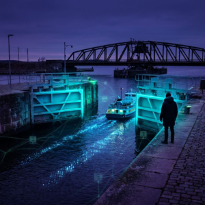 Nordisk havnekaj ved skumring med en cyan-oplyst sluseport, en færge passerer gennem slusen mens en ældre svingbro står halvt lukket; en silhouet af en erhvervsleder på kajen ser på scene, indigo-lilla stemning med cyan signalaccents og diskrete pulser i vandet.
