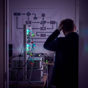 Redigeret, nordisk pressebillede: en operationsscenarie‑kommentar hvor en dansk teknisk leder står på en lille test‑laboratoriescene med synlige spor af en evaluering — mørke indigo skygger, cyan/grønne signal‑accents, subtil data‑pulse overlay.