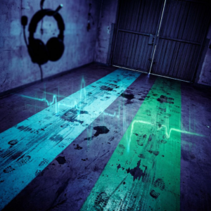 Projektleder i en dansk SMV nær en 'live vs batch' ruteplakat i et industrilokale, headsets i forgrunden — visuelt fokus på beslutningen mellem realtid og batch‑transskription.