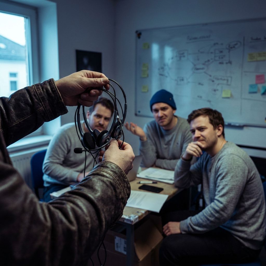 Tekniker forbereder en kort test‑optagelse i et lille lokale: en mikrofon stand, en bærbar optager i tasken, ingen læsbar tekst.